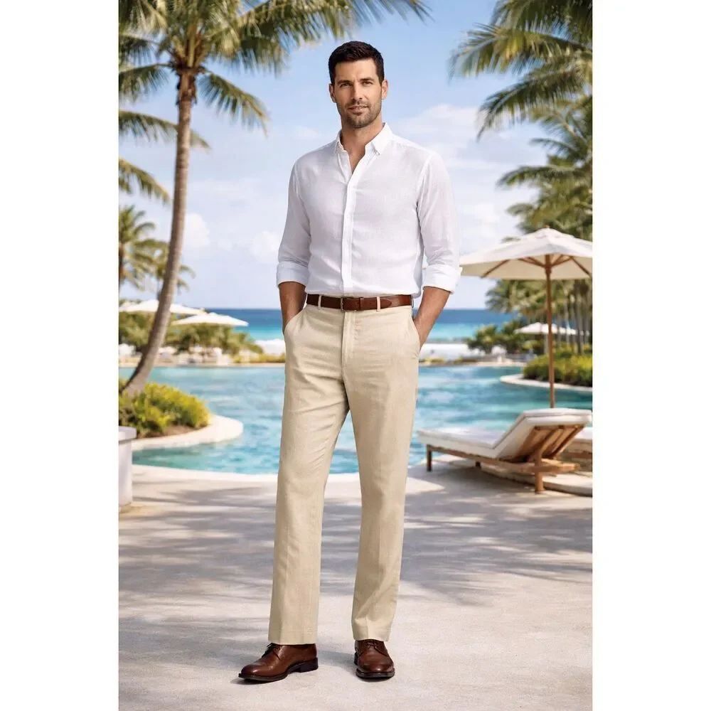 Tasso Elba Linen Pants 36x30 Beige Flat Front Summer Mens